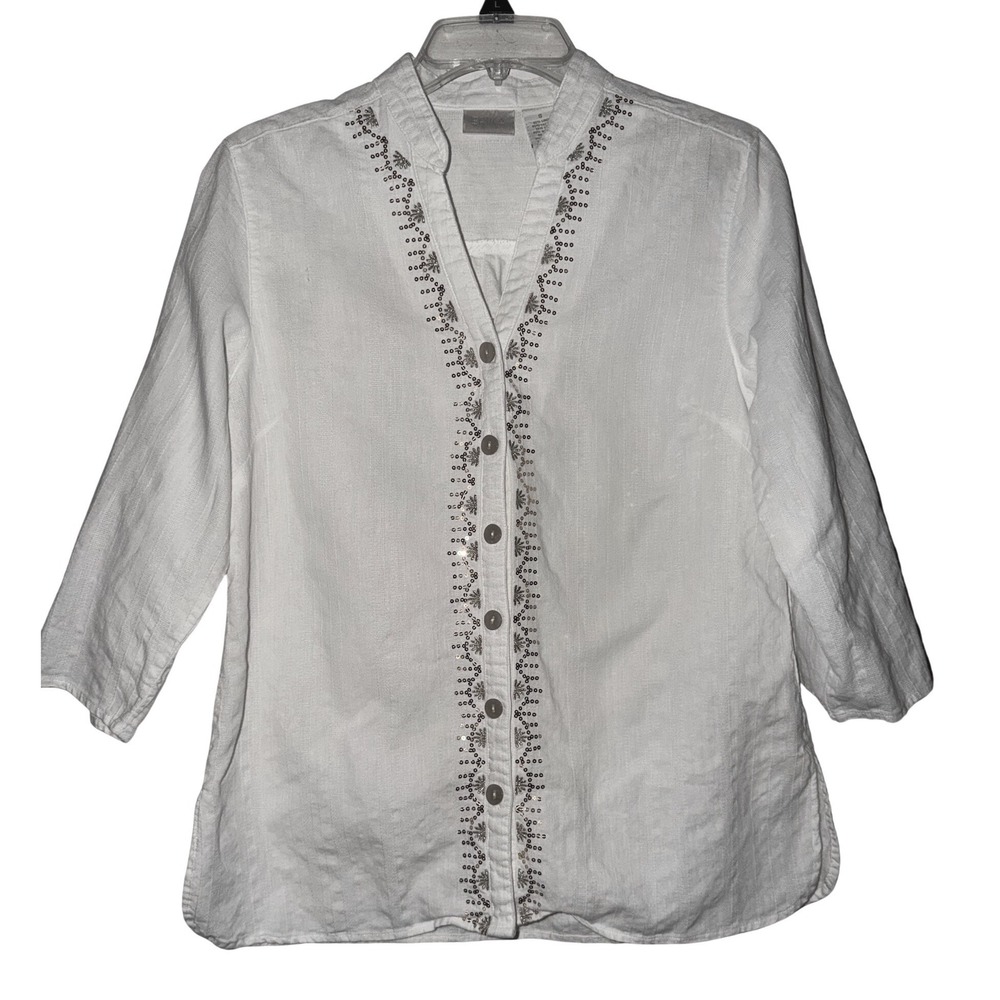 ERIKA White Linen Cotton Blend Embroidered V Neck 3/4‎ Sleeve Tunic Top S